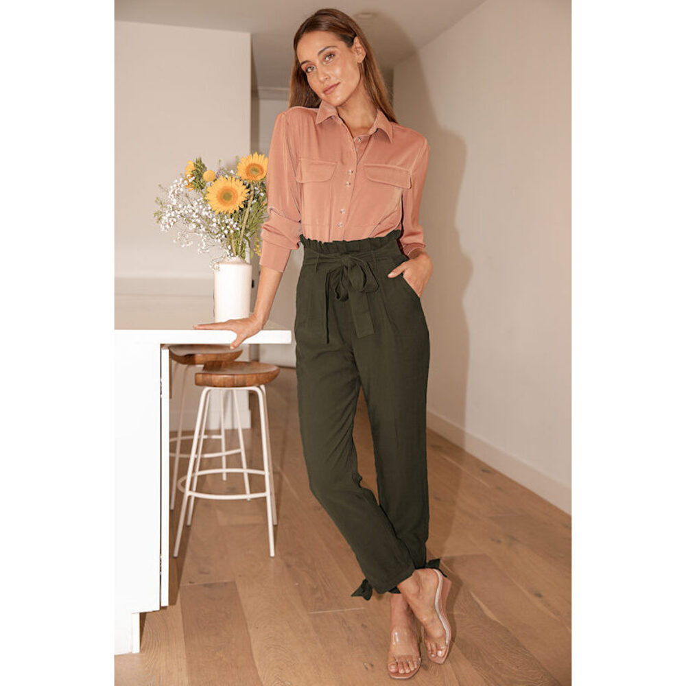 Lulus Outstanding Effort Olive Green Paperbag Waist Trouser Pants - Size XS